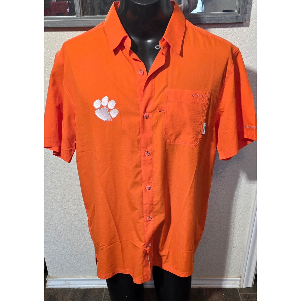 Columbia PFG Clemson Tigers Mens Large Orange Tamiami Fishing Shirt Short Sleeve
